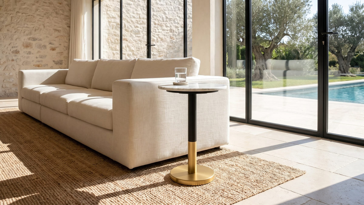 Stone, black and gold. - Ugento White Marble Pedestal Side Table