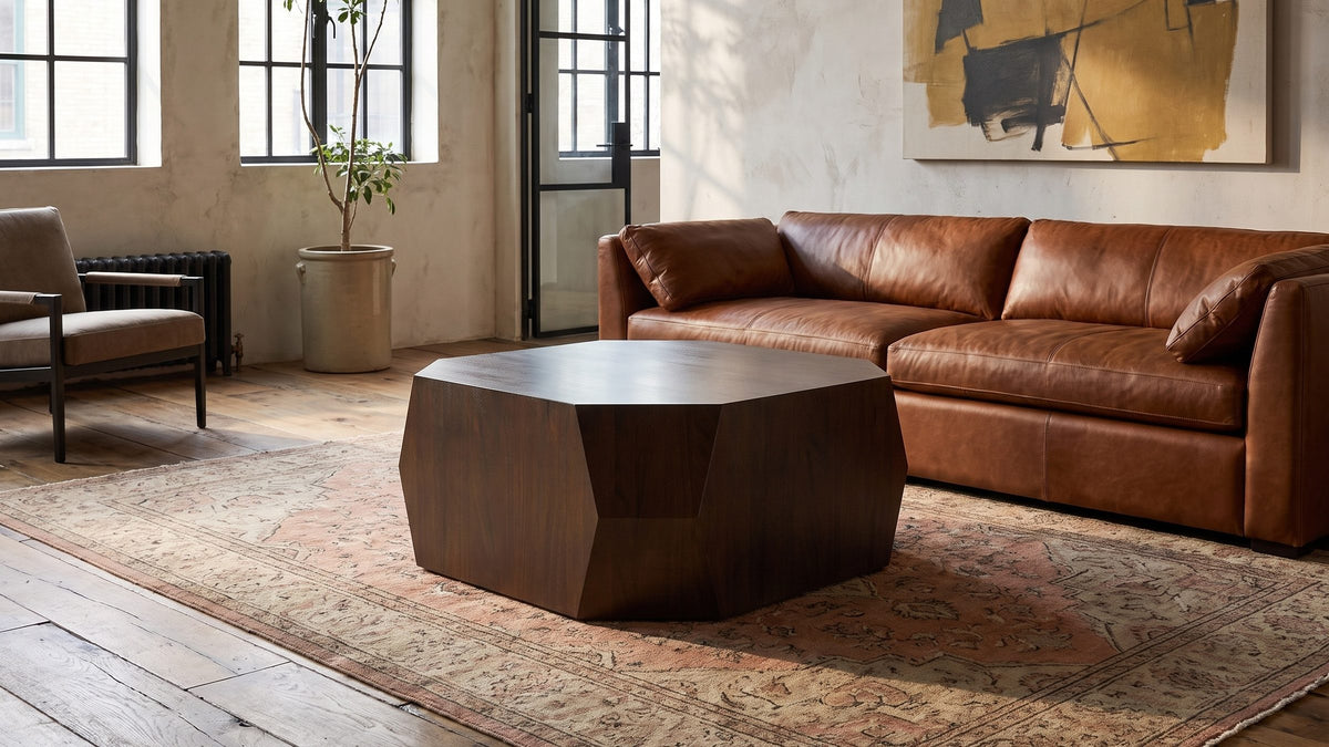 Dark wood at the centre of the room. - Urbino Acacia Veneer Faceted Coffee Table
