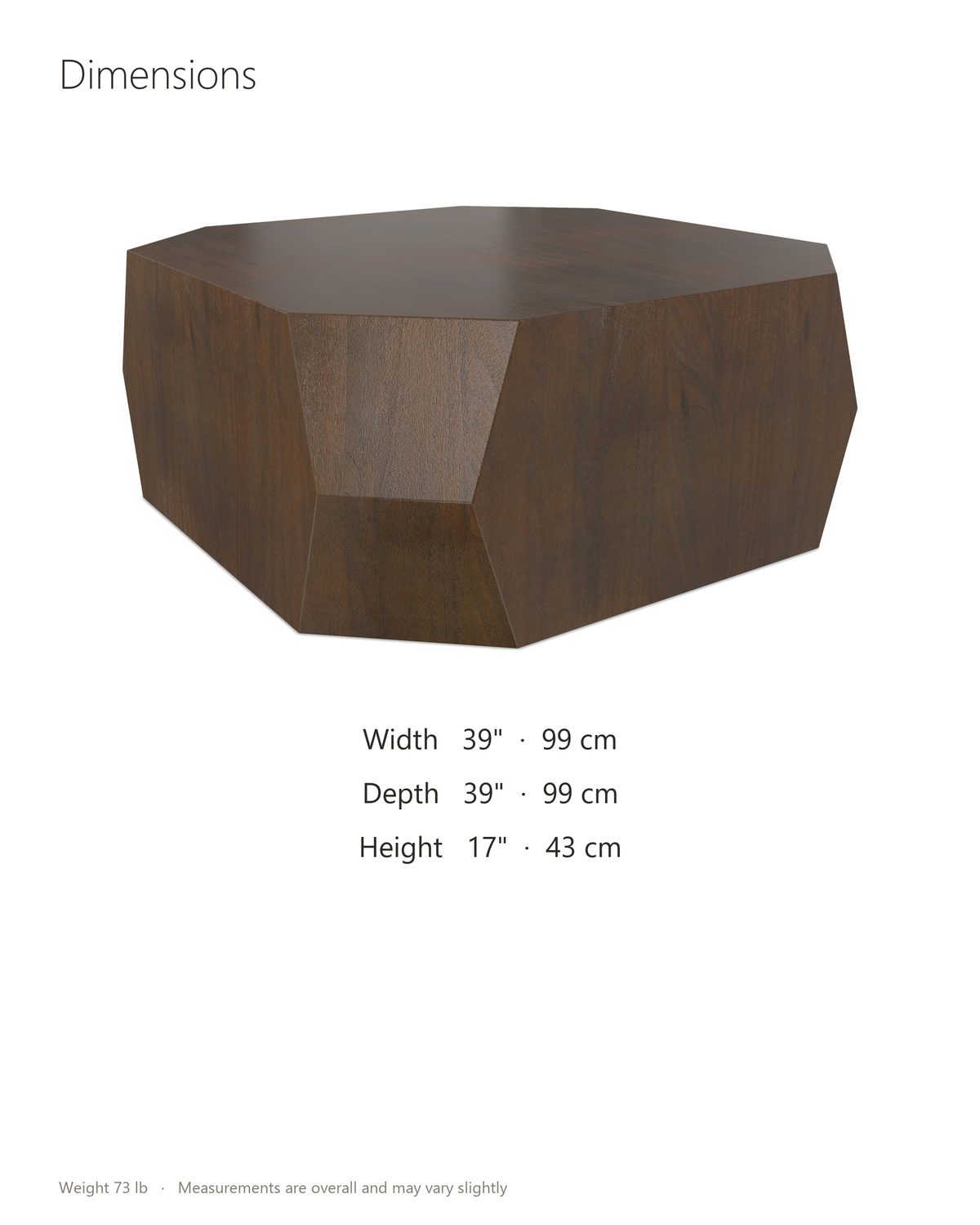 Urbino Acacia Veneer Faceted Coffee Table dimensions: 39 in wide, 39 in deep, 17 in high