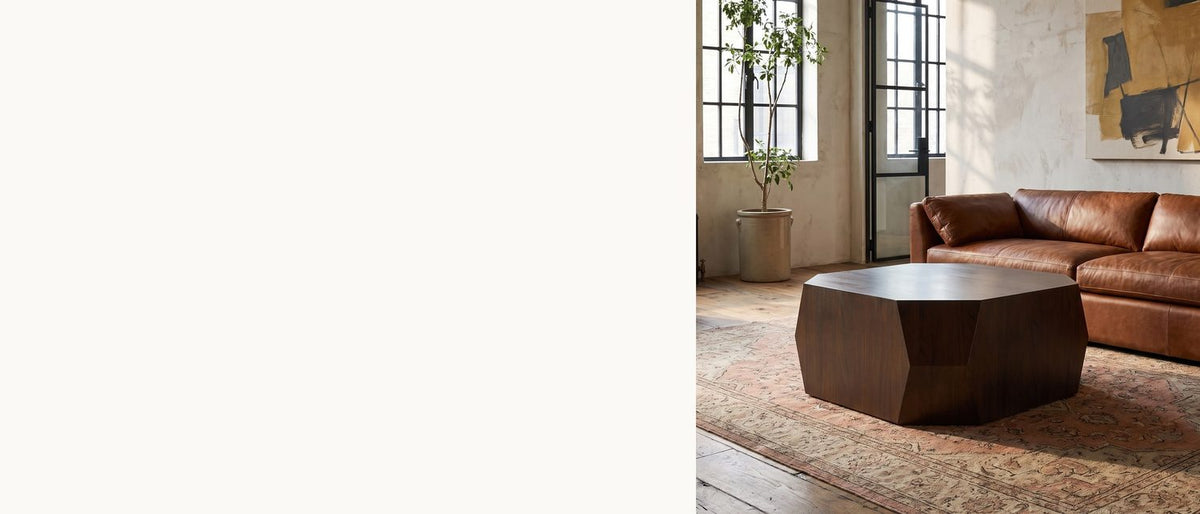 Eight sides, twelve faces. - Urbino Acacia Veneer Faceted Coffee Table