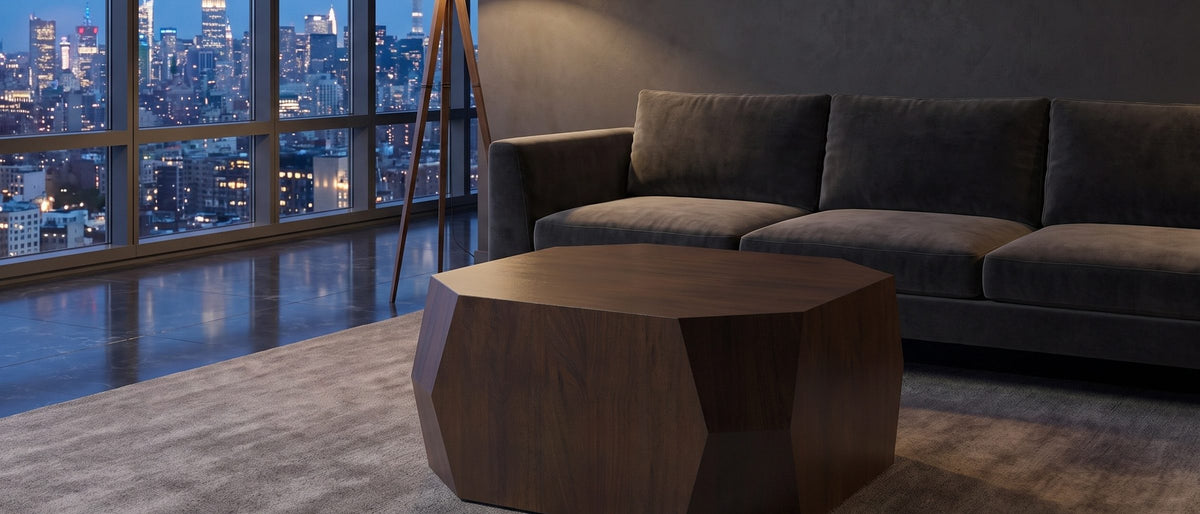 Urbino Acacia Veneer Faceted Coffee Table in the room