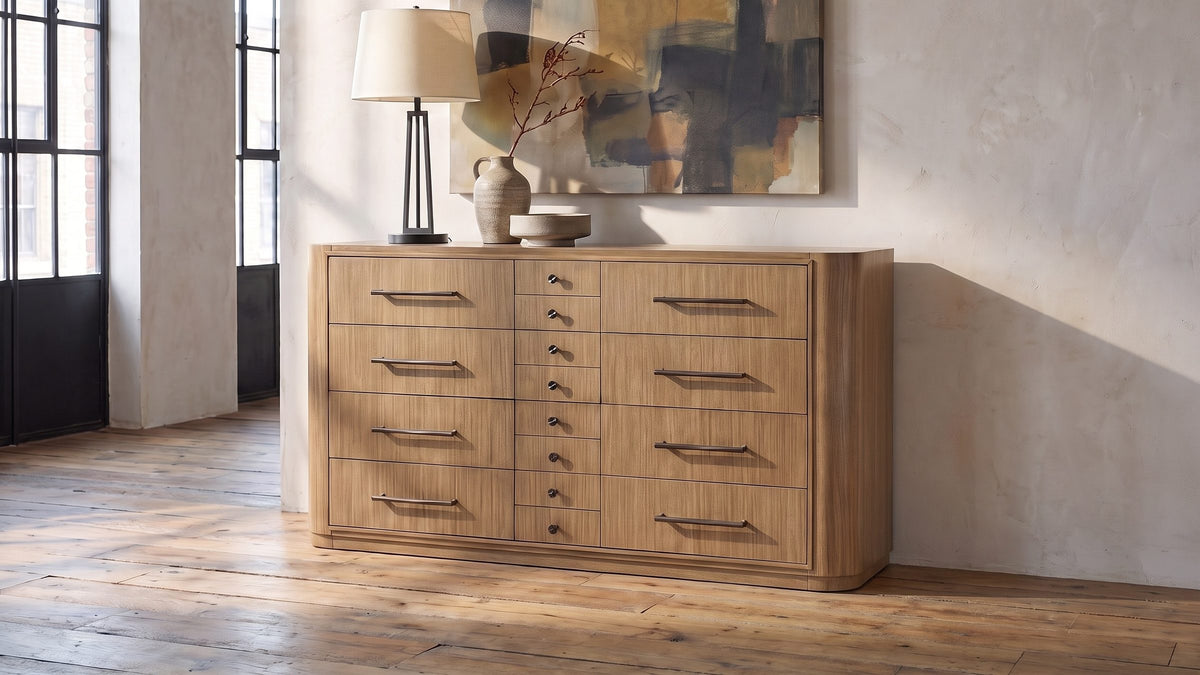 Warm gold, dark bronze. - Valdagno 80-Inch Eucalyptus Veneer Dresser