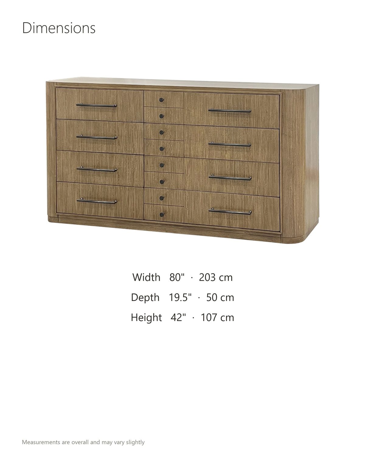 Valdagno 80-Inch Eucalyptus Veneer Dresser dimensions: 80 in wide, 19.5 in deep, 42 in high
