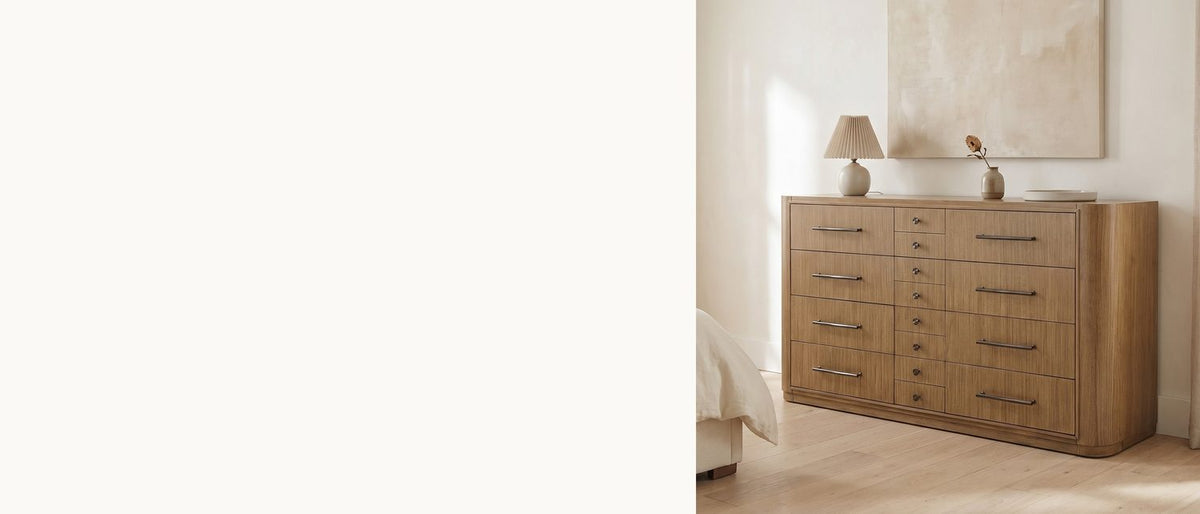 Golden eucalyptus, rounded ends. - Valdagno 80-Inch Eucalyptus Veneer Dresser