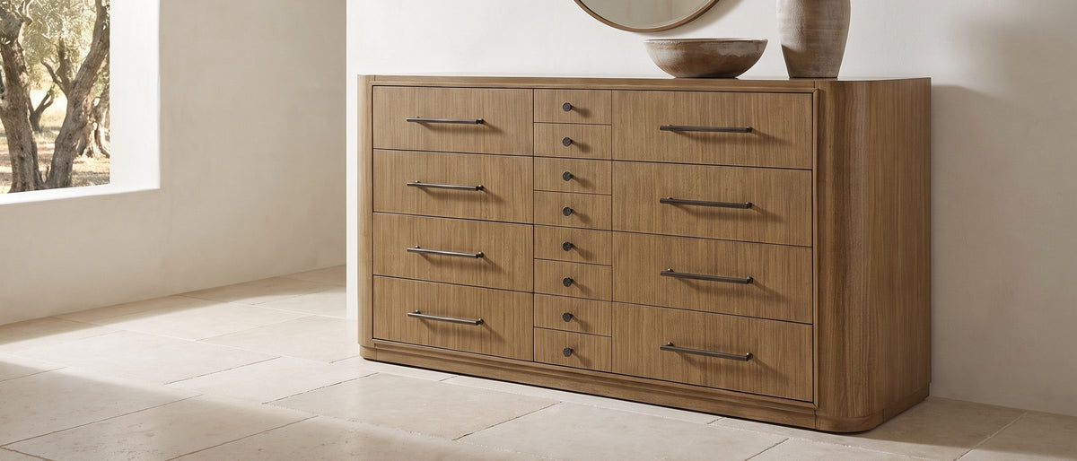Valdagno 80-Inch Eucalyptus Veneer Dresser in the room