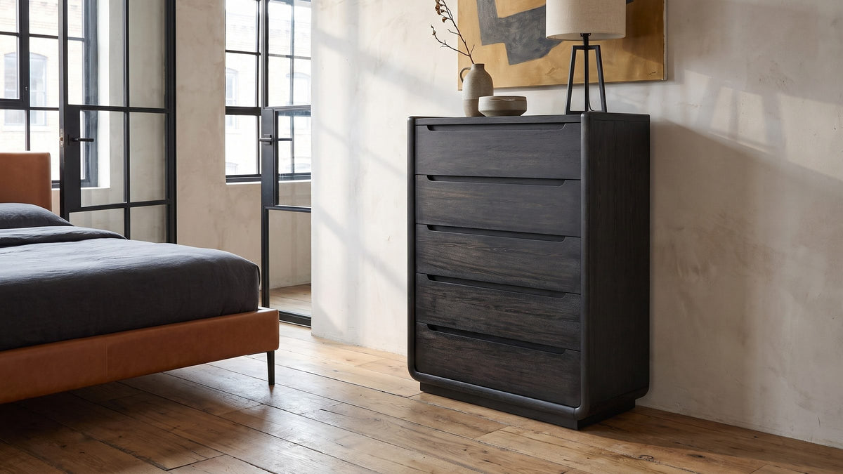 Near-black, made for pale walls. - Valdobbiadene 40-Inch Burnished Black 5-Drawer Chest