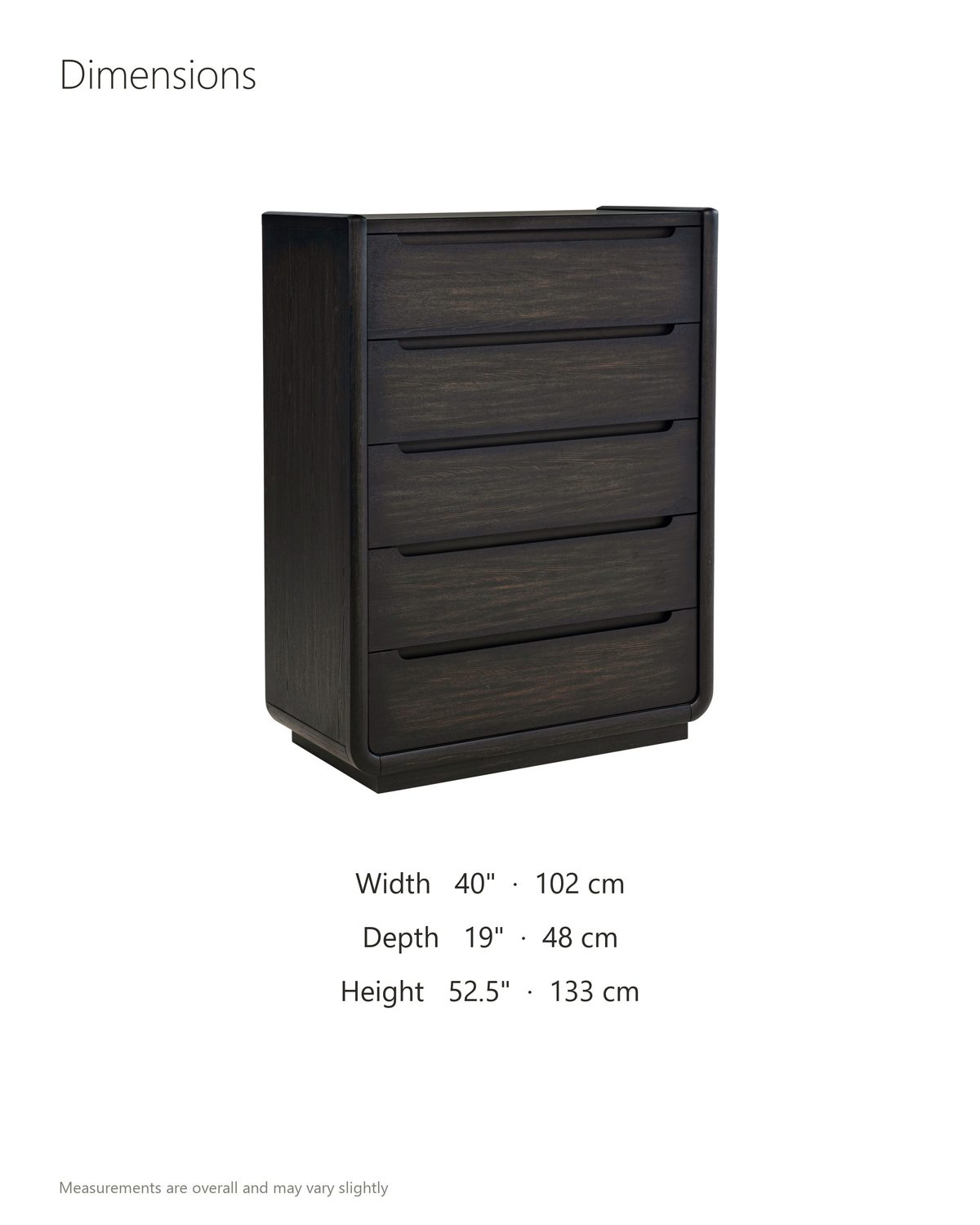 Valdobbiadene 40-Inch Burnished Black 5-Drawer Chest dimensions: 40 in wide, 19 in deep, 52.5 in high