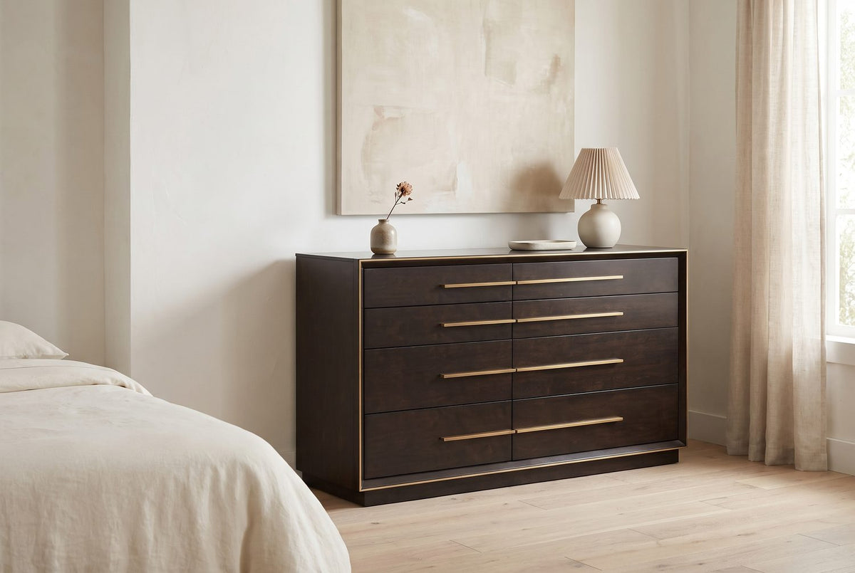 Dark case, golden outline. - Valeggio 70-Inch Smoked Peppercorn 8-Drawer Dresser