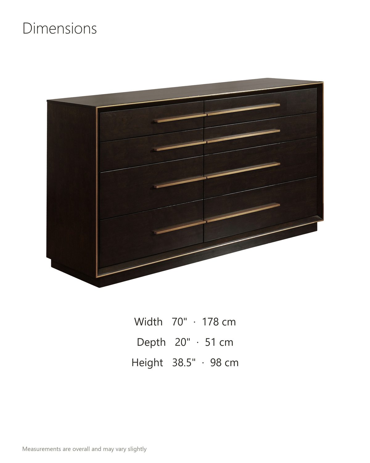 Valeggio 70-Inch Smoked Peppercorn 8-Drawer Dresser dimensions: 70 in wide, 20 in deep, 38.5 in high