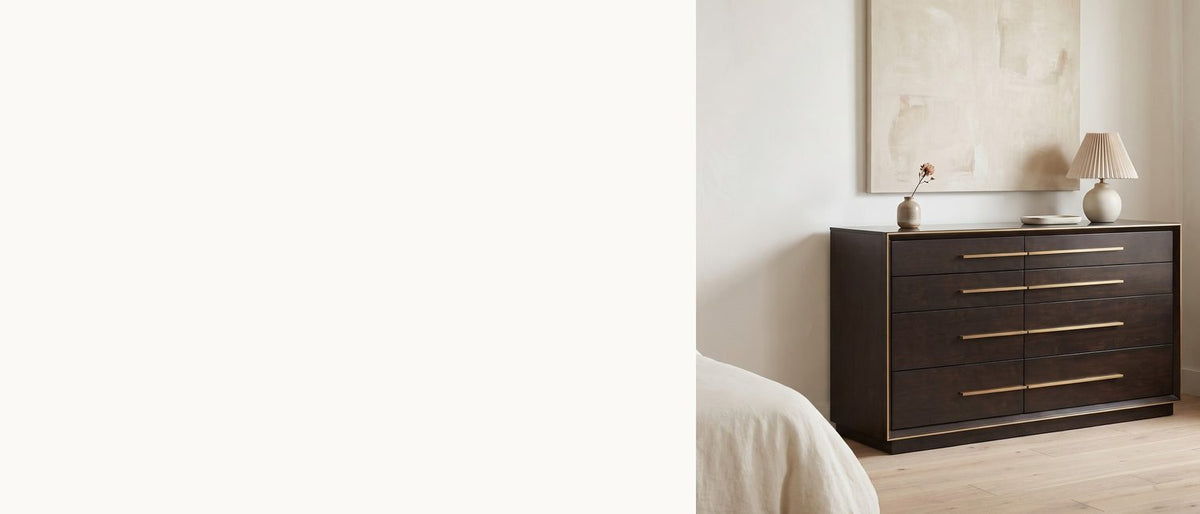 Smoked wood, one line of brass. - Valeggio 70-Inch Smoked Peppercorn 8-Drawer Dresser