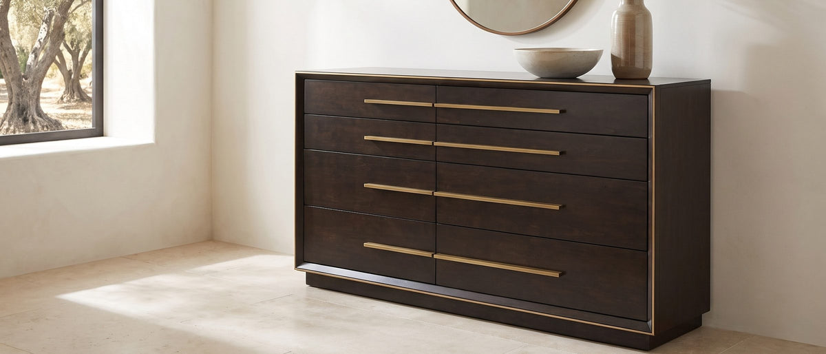 Valeggio 70-Inch Smoked Peppercorn 8-Drawer Dresser in the room