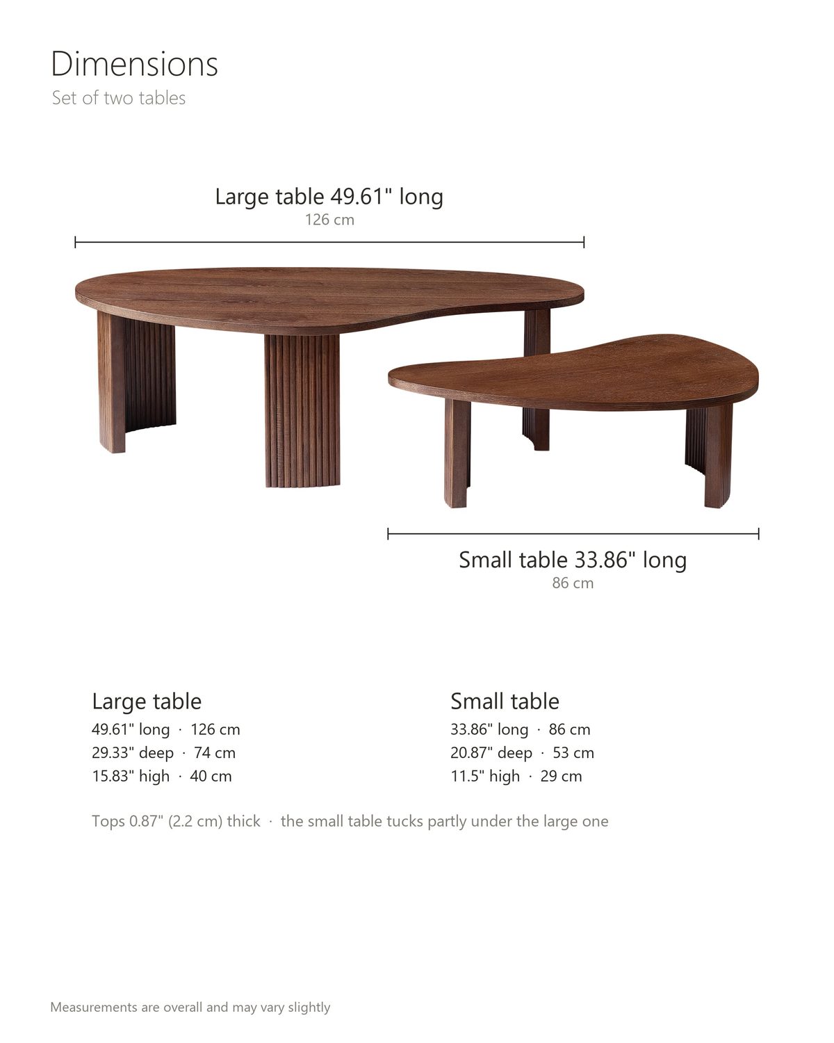 Valenza 50-Inch Freeform Walnut-Stained Veneer Nesting Coffee Tables, Set of 2 dimensions: large table 49.61 in long, 29.33 in deep and 15.83 in high; small table 33.86 in long, 20.87 in deep and 11.5 in high; tops 0.87 in thick