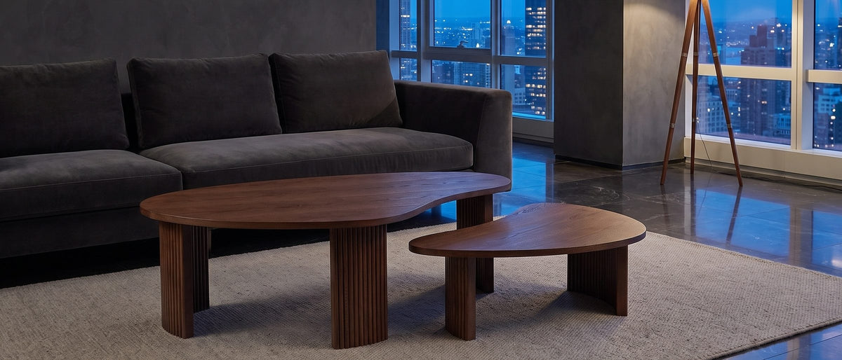 Valenza 50-Inch Freeform Walnut-Stained Veneer Nesting Coffee Tables, Set of 2 in the room