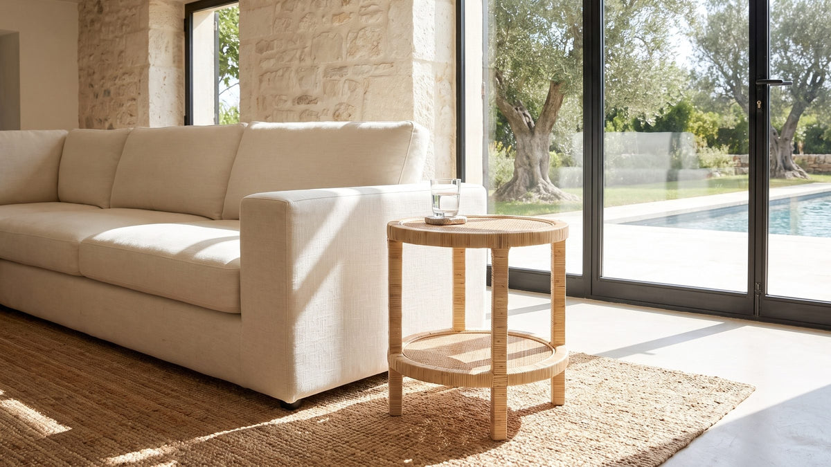 Natural texture beside the sofa. - Valsinni Rattan Round Two-Tier Side Table