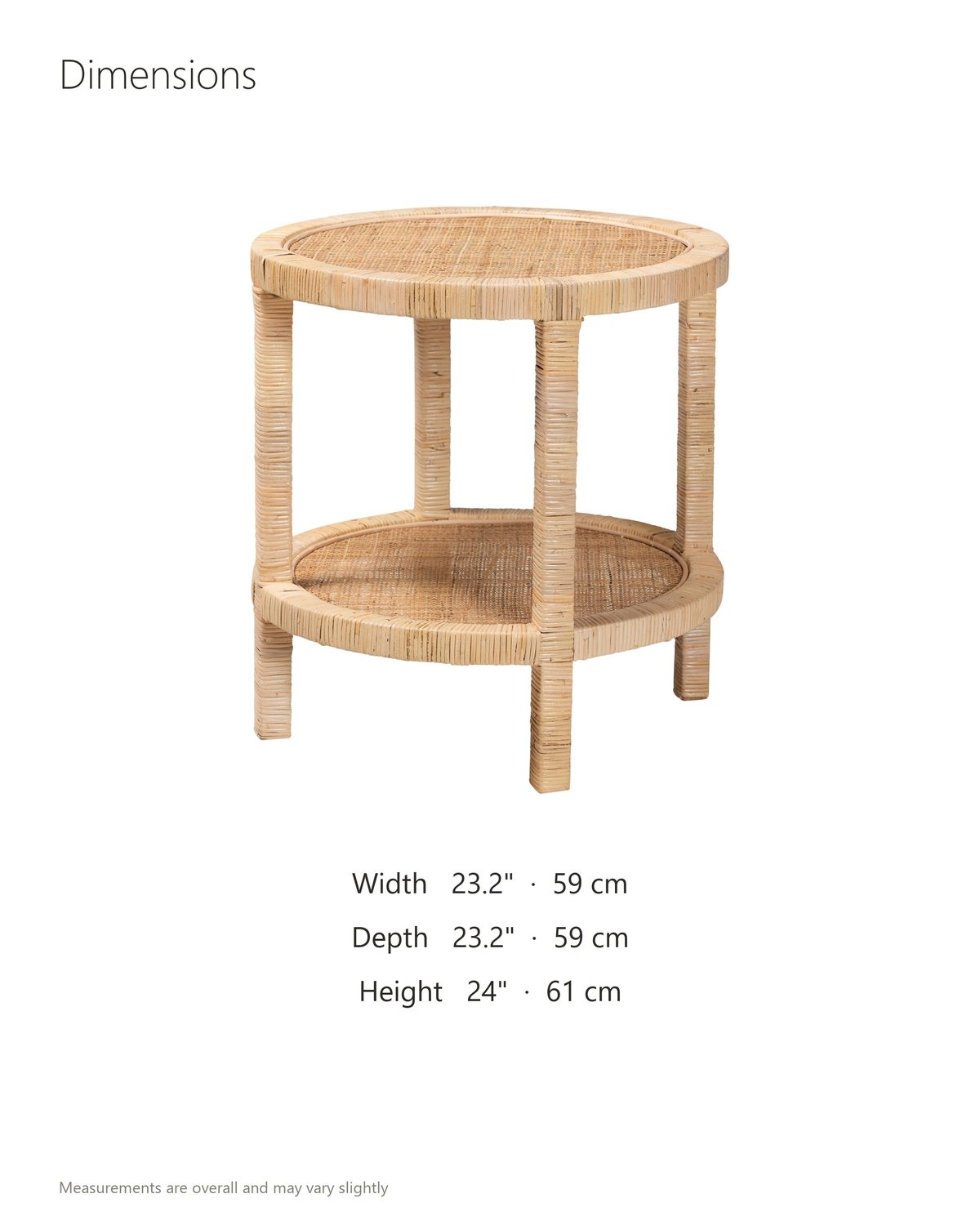 Valsinni Rattan Round Two-Tier Side Table dimensions: 23.2 in wide, 23.2 in deep, 24 in high