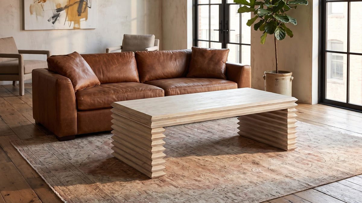Pale wood, strong lines. - Varallo Reclaimed Pine Waterfall Coffee Table