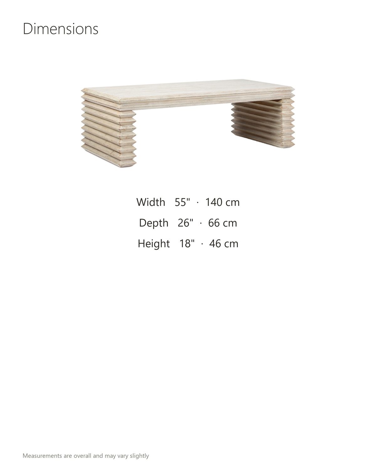 Varallo Reclaimed Pine Waterfall Coffee Table dimensions: 55 in wide, 26 in deep, 18 in high