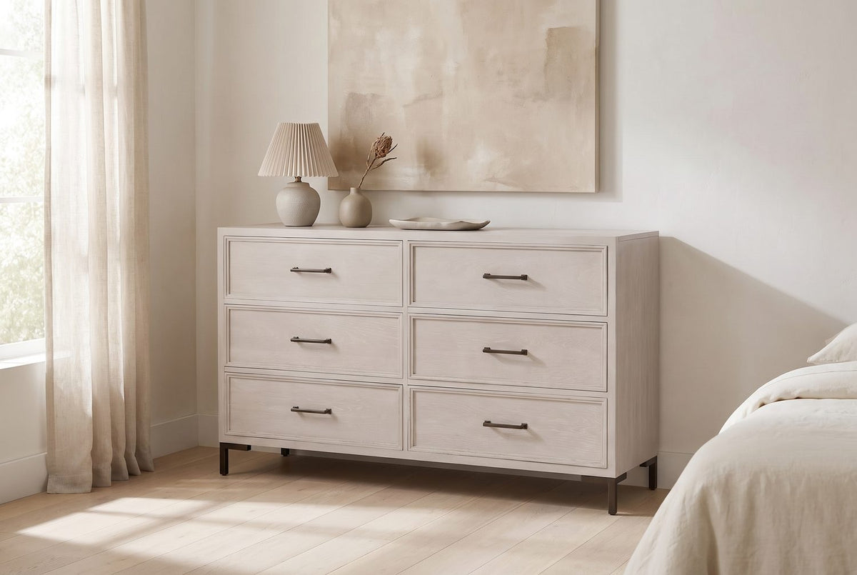 Light room, light footprint. - Venzone 64-Inch Cerused Oak 6-Drawer Dresser