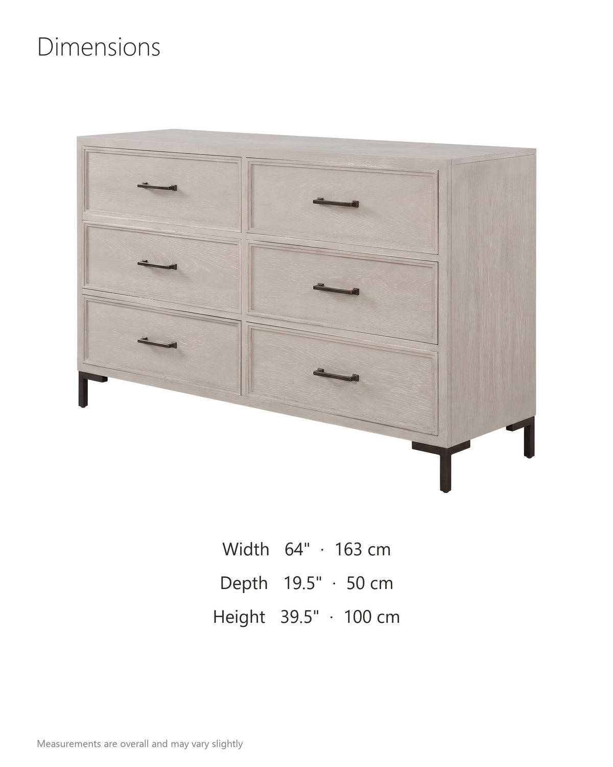Venzone 64-Inch Cerused Oak 6-Drawer Dresser dimensions: 64 in wide, 19.5 in deep, 39.5 in high