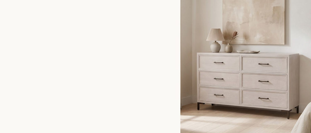 Cerused oak, outlined in bronze. - Venzone 64-Inch Cerused Oak 6-Drawer Dresser