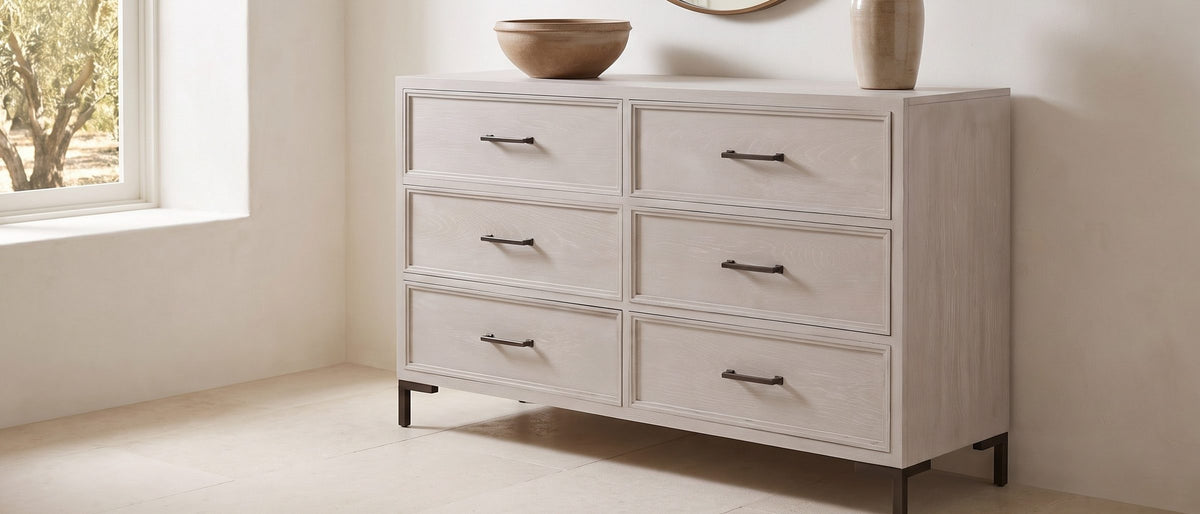 Venzone 64-Inch Cerused Oak 6-Drawer Dresser in the room