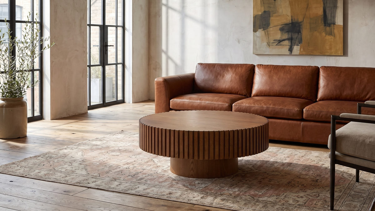 A warm brown centre for the room. - Vernazza Wood Veneer Fluted Pedestal Coffee Table