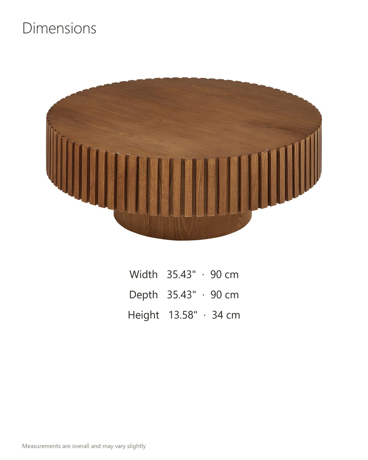 Vernazza Wood Veneer Fluted Pedestal Coffee Table dimensions: 35.43 in wide, 35.43 in deep, 13.58 in high