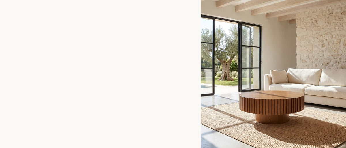 Slats all round, in warm brown. - Vernazza Wood Veneer Fluted Pedestal Coffee Table