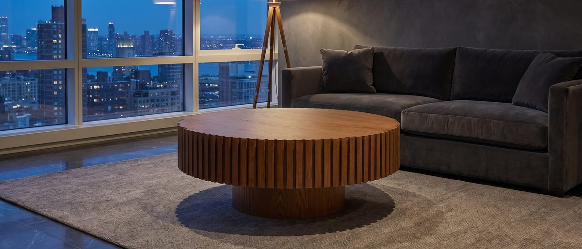 Vernazza Wood Veneer Fluted Pedestal Coffee Table in the room