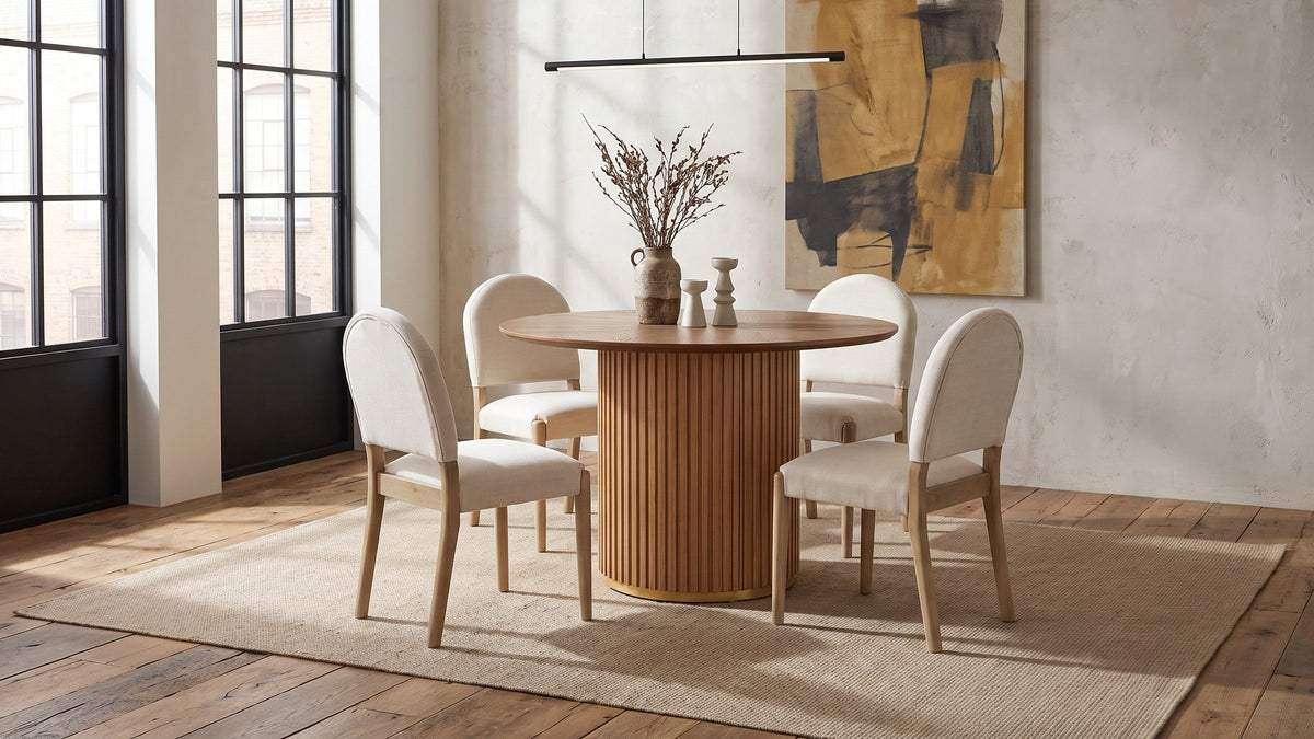 Warm wood, soft cream. - Veroli 47-Inch Round Fluted Pedestal Dining Set with 4 Chairs