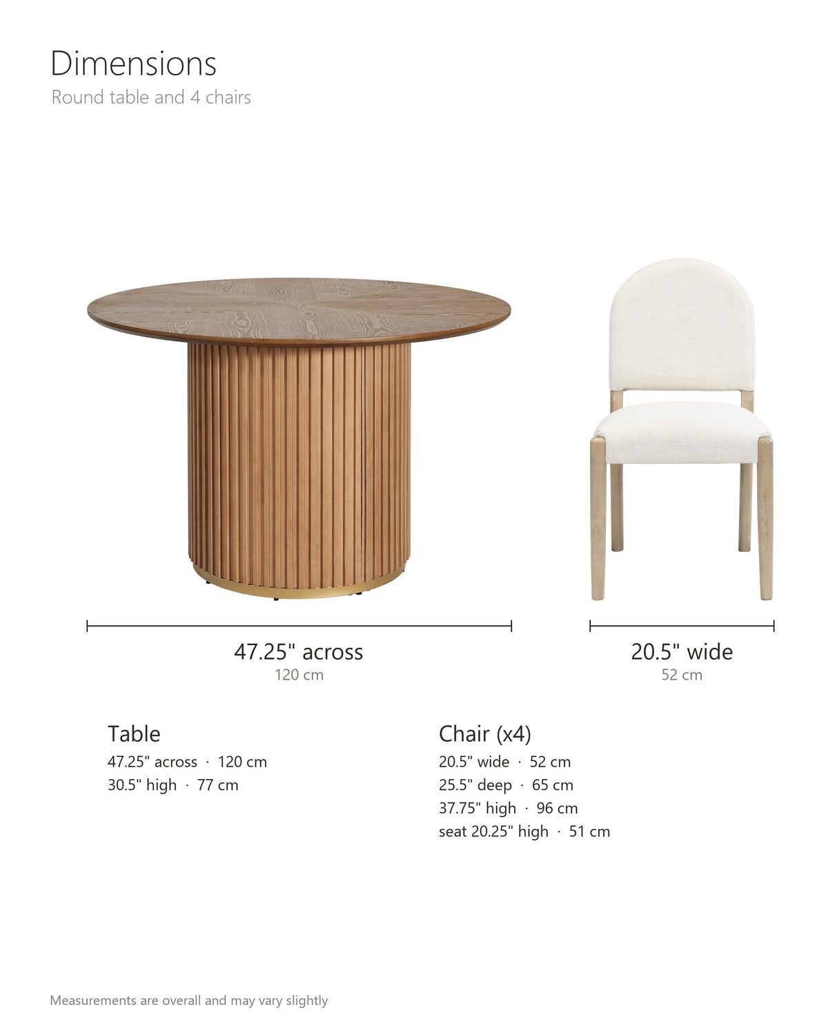 Veroli 47-Inch Round Fluted Pedestal Dining Set with 4 Chairs dimensions: table 47.25 in across and 30.5 in high; each chair 20.5 in wide, 25.5 in deep and 37.75 in high, seat 20.25 in high