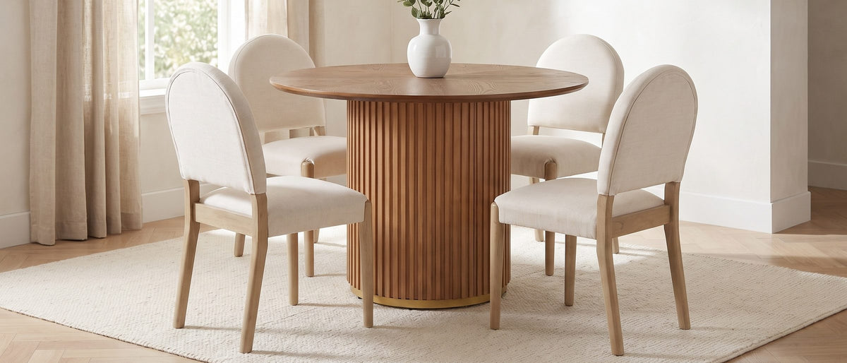 Veroli 47-Inch Round Fluted Pedestal Dining Set with 4 Chairs in the room