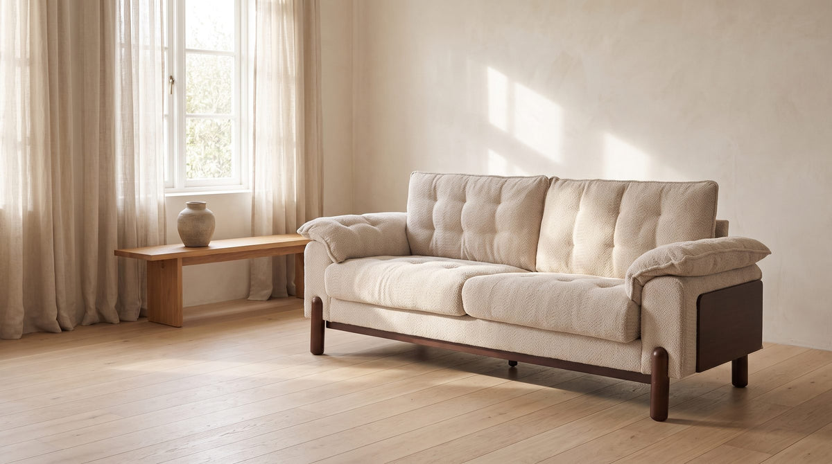 The warm-wood living room. - Verona Tufted Boucle Sofa