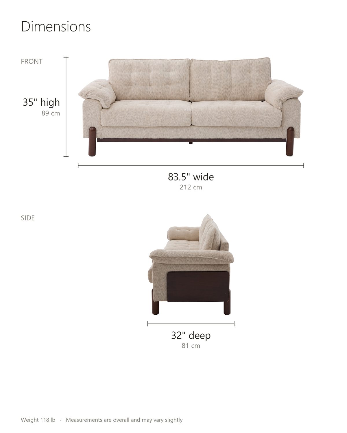 Verona Tufted Boucle Sofa dimensions: 83.5 in wide, 32 in deep, 35 in high