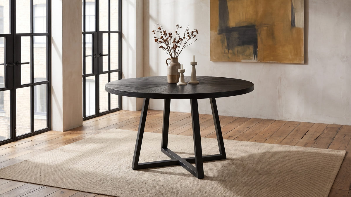 Black wood, soft light. - Verzino 47-Inch Round Black Acacia Sunburst Dining Table