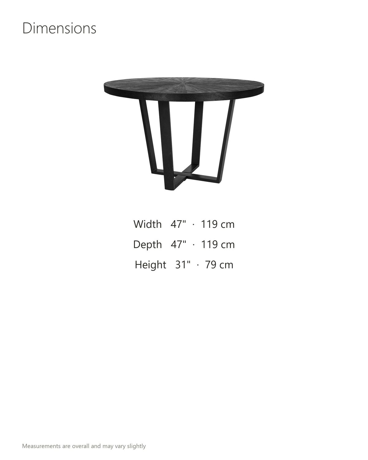 Verzino 47-Inch Round Black Acacia Sunburst Dining Table dimensions: 47 in across and 31 in high