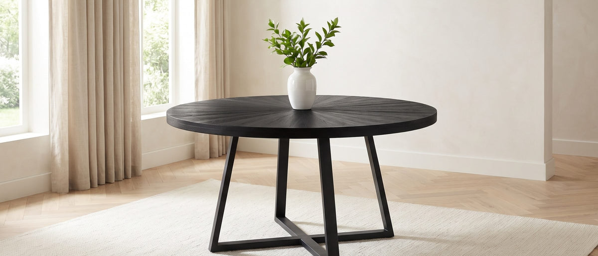 Verzino 47-Inch Round Black Acacia Sunburst Dining Table in the room