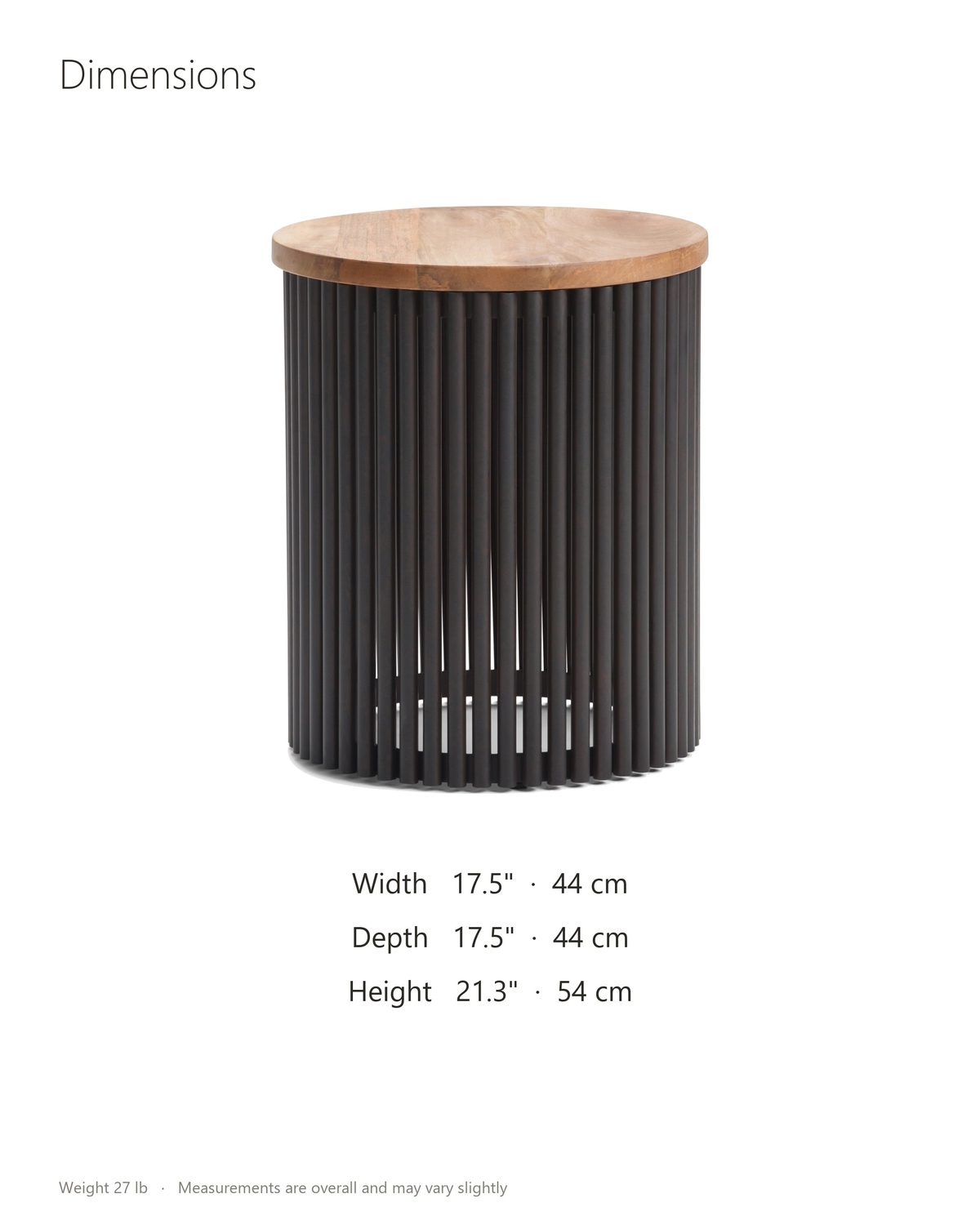 Viggiano Mango and Black Metal Drum Side Table dimensions: 17.5 in wide, 17.5 in deep, 21.3 in high