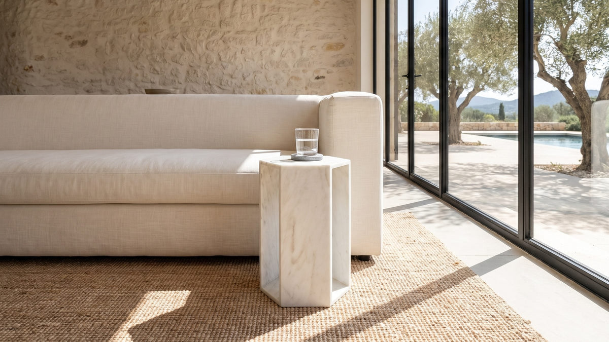 White stone, clean lines. - Vitozza White Marble Hexagon Side Table