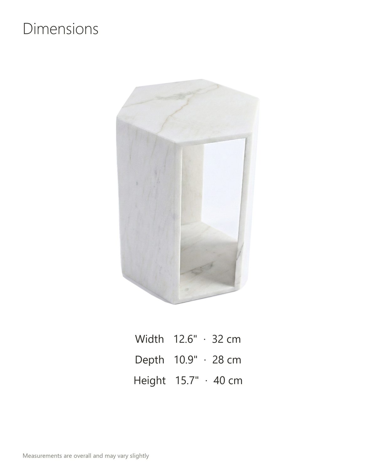 Vitozza White Marble Hexagon Side Table dimensions: 12.6 in wide, 10.9 in deep, 15.7 in high