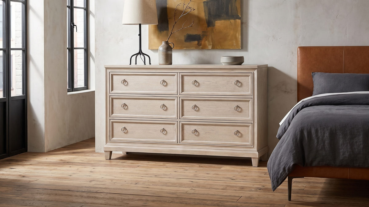 Pale oak, soft shine. - Vittorio 62-Inch Washed Oak 6-Drawer Dresser