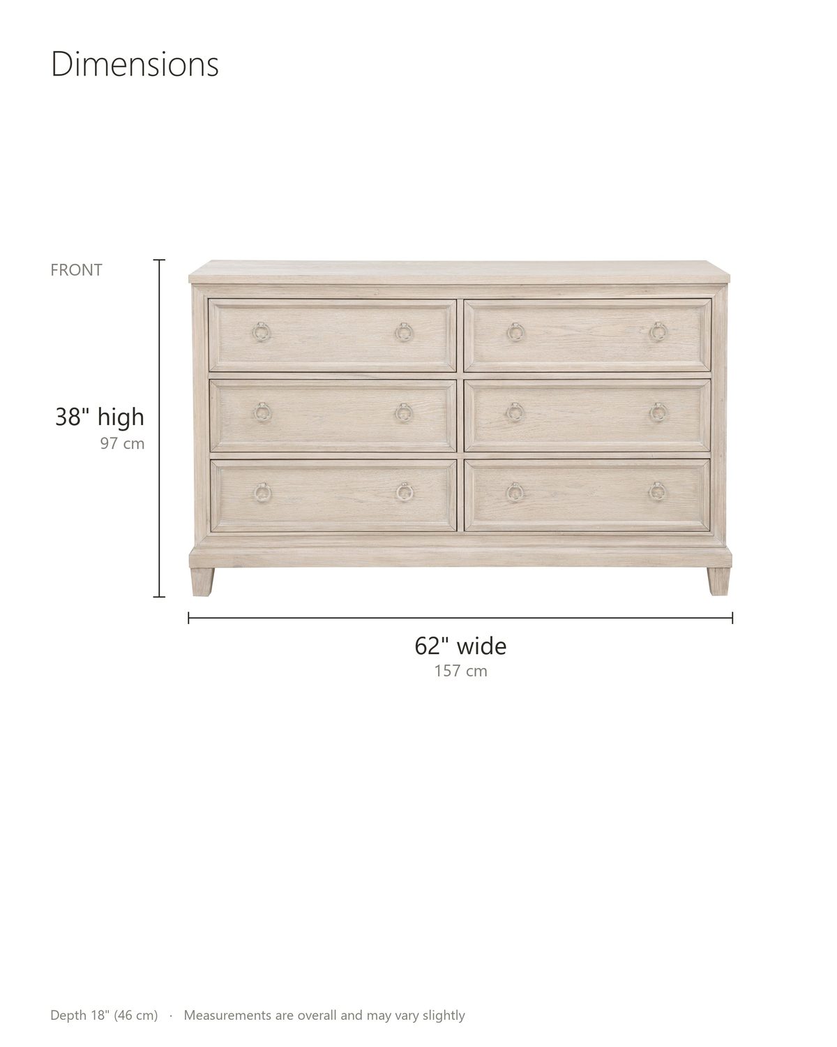 Vittorio 62-Inch Washed Oak 6-Drawer Dresser dimensions: 62 in wide, 18 in deep, 38 in high