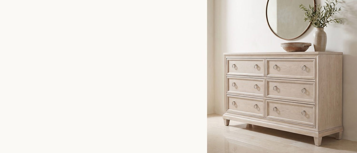 Washed oak, quietly framed. - Vittorio 62-Inch Washed Oak 6-Drawer Dresser