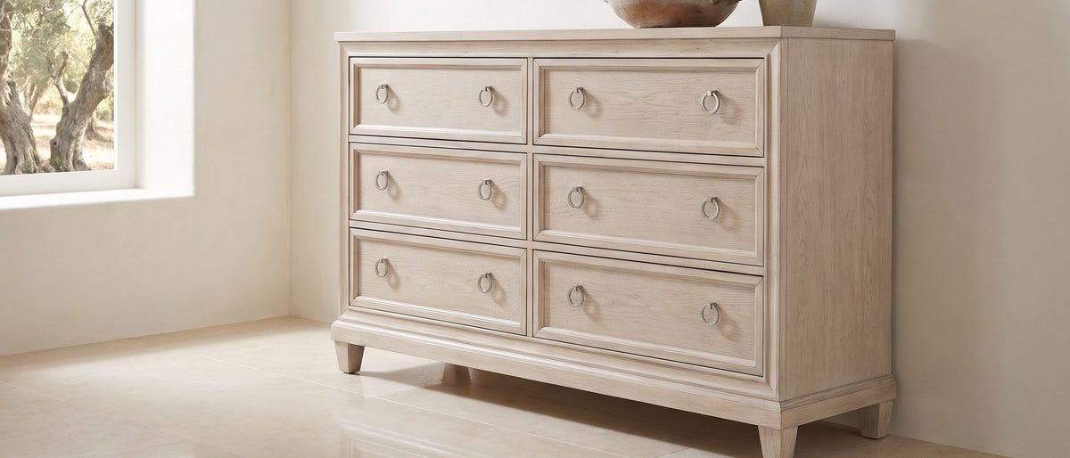 Vittorio 62-Inch Washed Oak 6-Drawer Dresser in the room