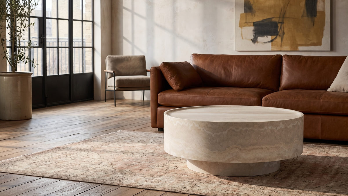 A pale drum at the centre. - Zagarolo Faux Travertine Round Drum Coffee Table