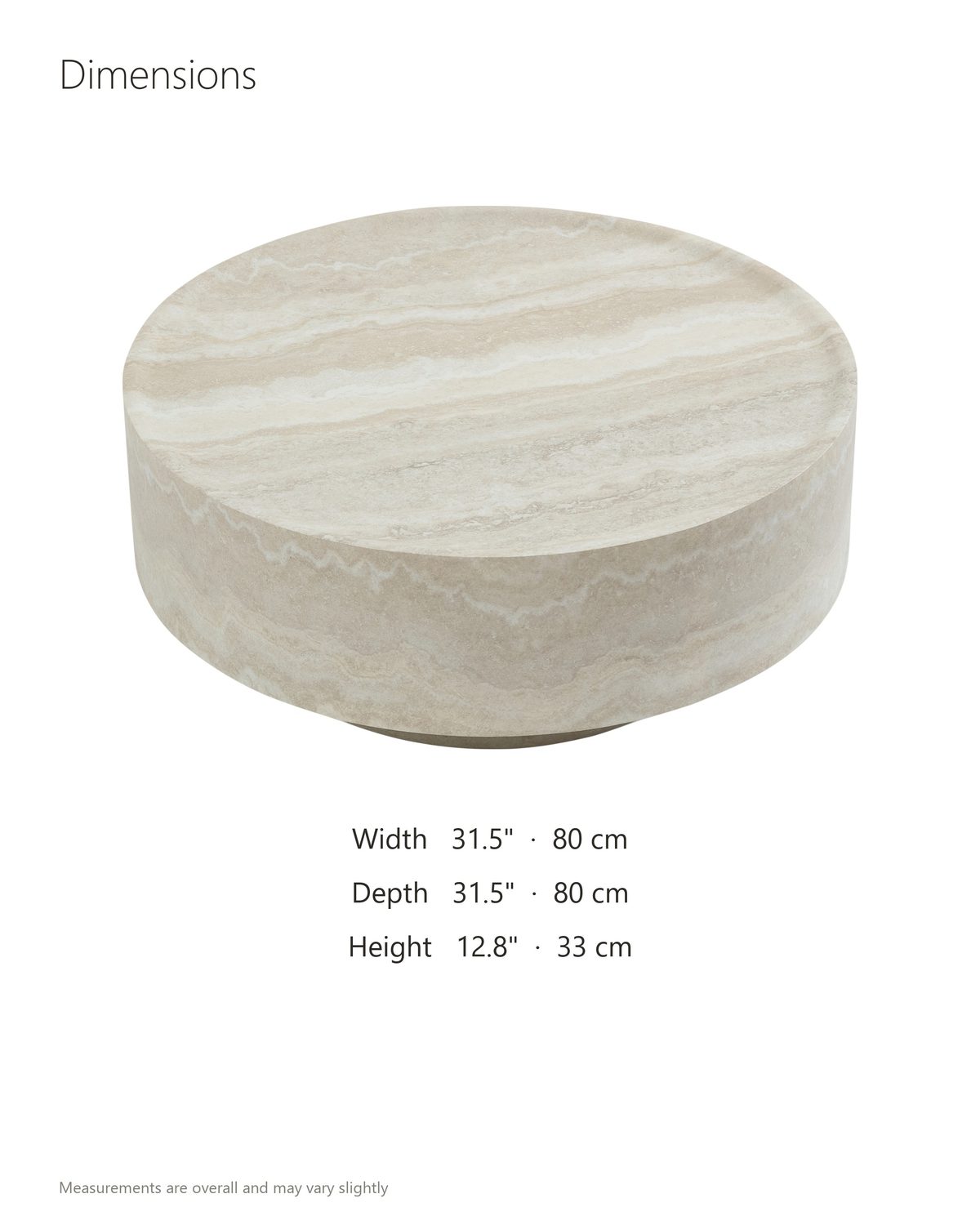 Zagarolo Faux Travertine Round Drum Coffee Table dimensions: 31.5 in wide, 31.5 in deep, 12.8 in high
