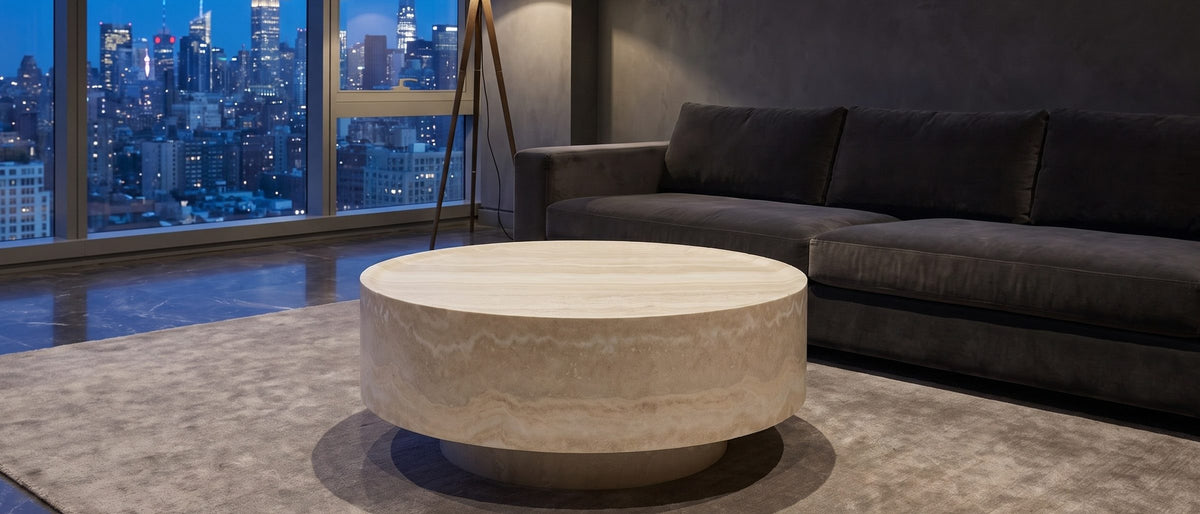 Zagarolo Faux Travertine Round Drum Coffee Table in the room