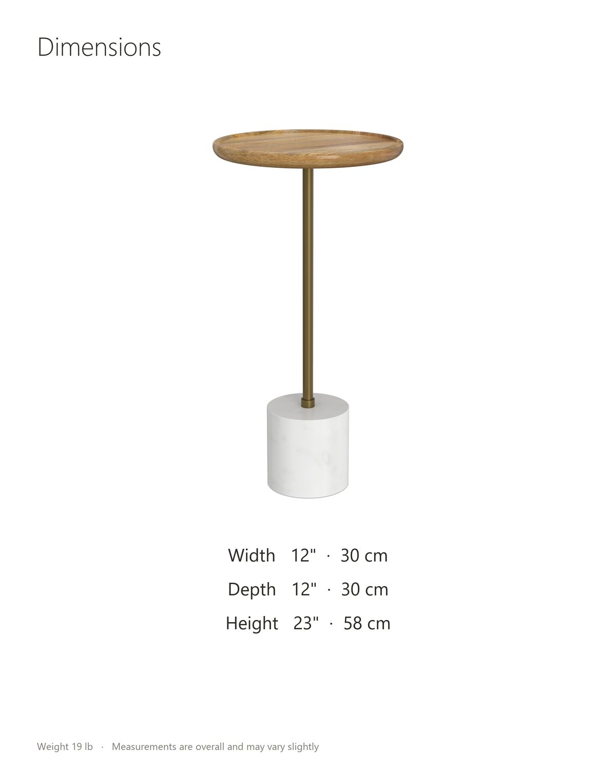 Zollino Mango and Marble Pedestal Side Table dimensions: 12 in wide, 12 in deep, 23 in high