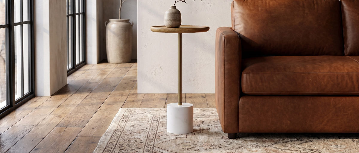 Zollino Mango and Marble Pedestal Side Table in the room
