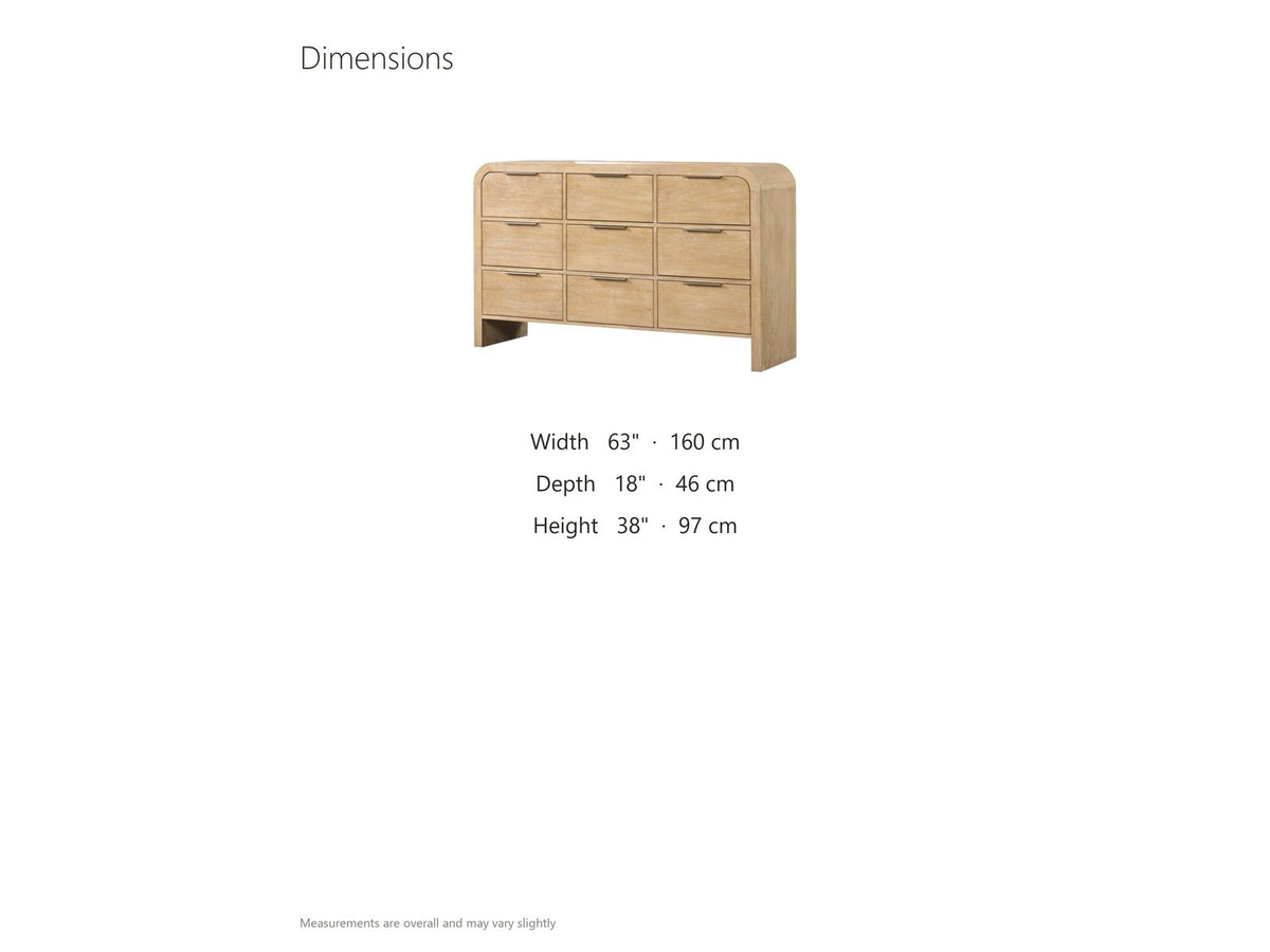Aquileia 63-Inch Natural Mango 9-Drawer Dresser dimensions: 63.0 in wide, 18.0 in deep, 38.0 in high